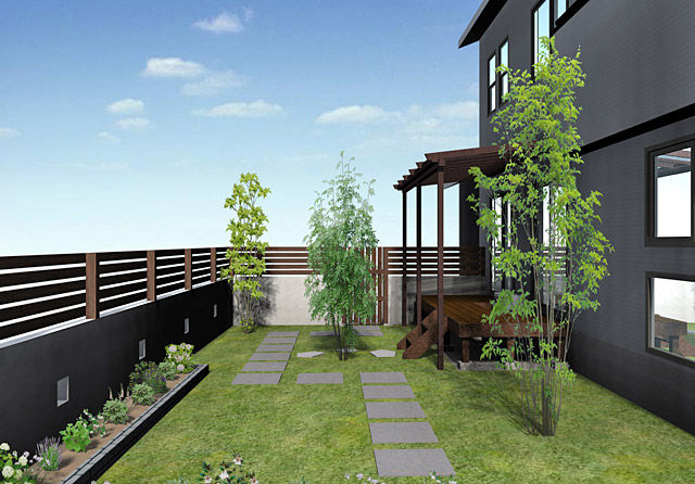 壁で囲ったカッコいい庭空間 長野市ガーデン エクステリア ガーデンファクトリー 外構工事 エクステリア工事ならお任せください